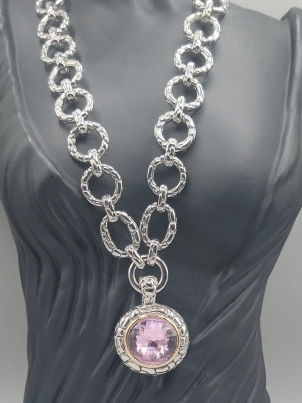 Pink Rivoli Crystal Pendant Chunky Statement Necklace Silver Plated 17" Chain